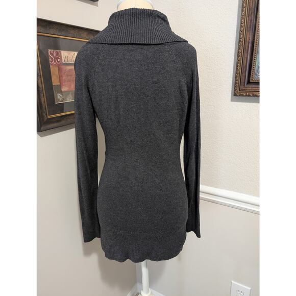 Cache Dark Gray Shawl Collar Tunic Sweater – XS Wrap, Lace-Up Side, Ribbed Knit - Picture 2 of 3